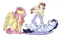 Size: 1214x745 | Tagged: safe, artist:butteredpawpcorn, derpibooru import, fluttershy, soarin', oc, oc:skyler, pegasus, pony, crack shipping, female, filly, foal, holding a pony, male, next generation, offspring, on back, one eye closed, parent:fluttershy, parent:soarin', parents:soarinshy, shipping, simple background, sitting, smiling, soarinshy, straight, white background, wink