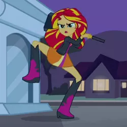 Size: 500x500 | Tagged: safe, derpibooru import, screencap, sunset shimmer, equestria girls, equestria girls (movie), boots, clothes, cropped, female, hammer, raised leg, shoes, skirt, sledgehammer, solo