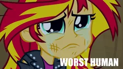 Size: 1920x1080 | Tagged: safe, derpibooru import, edit, edited screencap, screencap, sunset shimmer, equestria girls, equestria girls (movie), crying, downvote bait, drama bait, frown, sad, solo, sunsad shimmer, worst human, worst pony