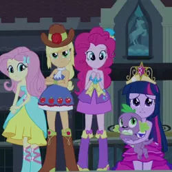 Size: 500x500 | Tagged: safe, derpibooru import, screencap, applejack, fluttershy, pinkie pie, spike, twilight sparkle, dog, equestria girls, equestria girls (movie), angry, bare shoulders, big crown thingy, boots, bracelet, clothes, cowboy boots, cowboy hat, cropped, crossed arms, element of magic, female, hat, high heel boots, jewelry, looking at you, regalia, scarf, shoes, sleeveless, spike the dog, strapless, top hat, twilight ball dress