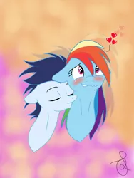 Size: 768x1024 | Tagged: safe, artist:ilaria122, derpibooru import, rainbow dash, soarin', pegasus, pony, blushing, eyes closed, female, heart, hickey, male, mare, neck kiss, shipping, soarindash, stallion, straight