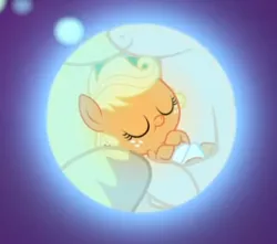 Size: 376x333 | Tagged: safe, derpibooru import, screencap, applejack, bright mac, pear butter, pony, a royal problem, applejack's parents, baby, baby pony, babyjack, brightbutter, cropped, dream orbs, female, foal, foreshadowing, male, shipping, straight, younger