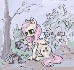 Size: 684x647 | Tagged: safe, artist:agm, derpibooru import, fluttershy, pegasus, pony, anthill, ants, canister, existential crisis, female, fluttershy's cottage, folded wings, hoof hold, kerosene, looking at something, looking down, mare, out of character, sitting, solo, tree, wings