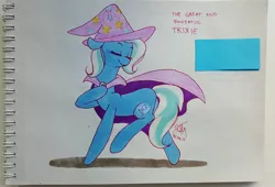 Size: 3923x2660 | Tagged: safe, artist:puffysmosh, derpibooru import, trixie, pony, unicorn, cape, clothes, eyes closed, female, floppy ears, hat, mare, smiling, solo, traditional art, trixie's cape, trixie's hat