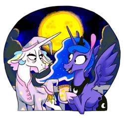 Size: 2003x1895 | Tagged: safe, artist:docwario, derpibooru import, princess celestia, princess luna, alicorn, firefly (insect), insect, pony, duo, female, floppy ears, full moon, hoers, jar, mare, moon, night, open mouth, royal sisters, sleepy, smiling, spread wings, tired, wings