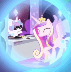 Size: 506x515 | Tagged: safe, derpibooru import, screencap, princess cadance, princess flurry heart, alicorn, pony, a royal problem, animated, club can't handle me, context is for the weak, cropped, cute, cutedance, dancing, dj flurry heart, dream, dream orbs, duo, female, flurrybetes, gif, mother and child, mother and daughter, reference, speakers, stabilized, sunglasses, turntable