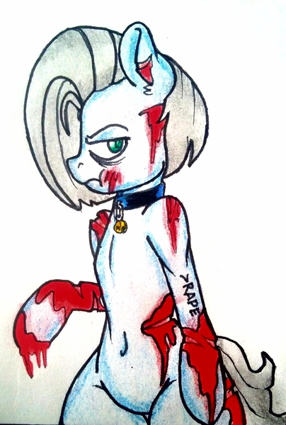 Size: 1836x2727 | Tagged: grimdark, artist:pantheracantus, derpibooru import, oc, oc:tracy cage, unofficial characters only, pony, >rape, blood, colored, looking at you, traditional art