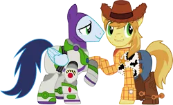 Size: 1479x901 | Tagged: safe, artist:cloudyglow, derpibooru import, braeburn, soarin', earth pony, pegasus, pony, buzz lightyear, clothes, clothes swap, cosplay, costume, cowboy hat, crossover, disney, duo, hat, male, pixar, raised hoof, simple background, smiling, stallion, stetson, toy story, transparent background, woody