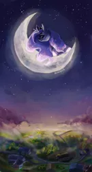 Size: 700x1300 | Tagged: safe, artist:miushich, derpibooru import, princess luna, alicorn, pony, moon, night, scenery, sitting, solo, stars, tangible heavenly object, twilight (astronomy)