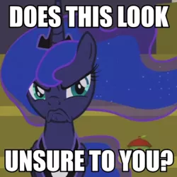 Size: 400x400 | Tagged: safe, derpibooru import, edit, edited screencap, screencap, princess luna, pony, a royal problem, caption, cropped, does this look unsure to you?, faic, grumpy, grumpy luna, image macro, just one bite, looking at you, meme, scowl, solo, spongebob squarepants, squidward tentacles, text, unsure