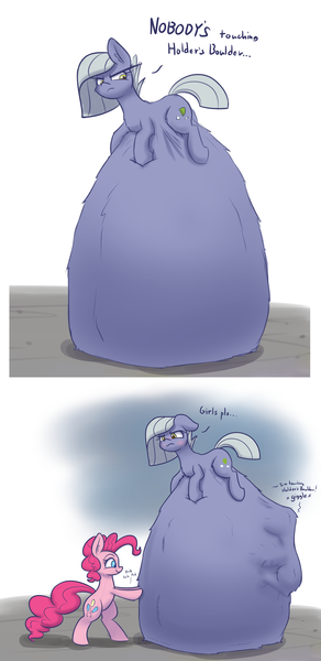 Size: 1280x2628 | Tagged: questionable, artist:bellspurgebells, derpibooru import, limestone pie, marble pie, pinkie pie, pony, belly, belly bed, bellyrubs, big belly, bipedal, blushing, dialogue, fetish, holder's boulder, huge belly, image, implied marble pie, impossibly large belly, object stuffing, png, vore, willing vore