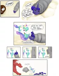 Size: 2135x2739 | Tagged: safe, artist:testostepone, derpibooru import, princess celestia, princess luna, alicorn, dragon, pony, :<, blanket burrito, celestia is amused, clothes, comic, dialogue, female, luna is not amused, mare, silly, silly pony, stuck, sweater, unamused, varying degrees of amusement