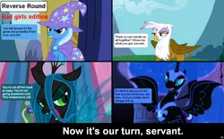 Size: 1282x800 | Tagged: safe, derpibooru import, gilda, nightmare moon, queen chrysalis, trixie, gryphon, comic:celestia's servant interview, caption, interview, meta