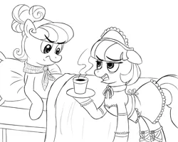 Size: 1000x800 | Tagged: safe, artist:artattax, derpibooru import, coco pommel, suri polomare, earth pony, pony, bags under eyes, bed, black and white, can you spare a dime?, choker, clothes, coffee, dress, female, get a job, grayscale, maid, mare, monochrome, pillow, shoes, sketch, skirt, skirt lift, socks, spongebob squarepants, stockings, thigh highs