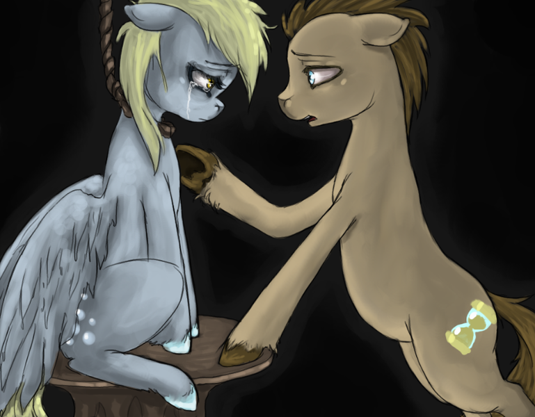 Size: 788x615 | Tagged: grimdark, artist:colorlesscupcake, derpibooru import, derpy hooves, doctor whooves, time turner, pegasus, pony, crying, female, hanging (by neck), mare, noose, sad, suicide, table, unshorn fetlocks