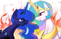 Size: 1549x1011 | Tagged: safe, artist:maren, derpibooru import, princess celestia, princess luna, alicorn, pony, a royal problem, aweeg*, banana, crown, duo, eating, eye contact, faceoff, female, food, jewelry, looking at each other, magic, mare, peytral, regalia, royal sisters, simple background, telekinesis