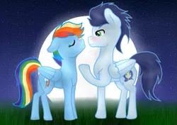 Size: 615x434 | Tagged: safe, artist:shootingstaryt, derpibooru import, rainbow dash, soarin', pony, female, male, moon, night, shipping, soarindash, straight