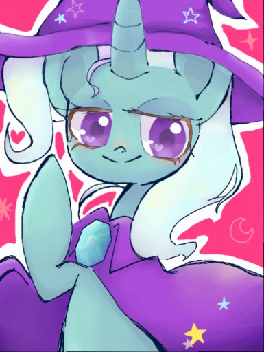 Size: 385x512 | Tagged: safe, artist:naginiko, derpibooru import, trixie, pony, unicorn, cape, clothes, colored pupils, cute, diatrixes, hat, heart eyes, smiling, solo, trixie's cape, trixie's hat, wingding eyes