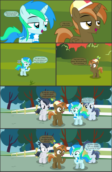Size: 4550x7000 | Tagged: safe, artist:cyanlightning, derpibooru import, button mash, rumble, shady daze, oc, oc:cyan lightning, alicorn, earth pony, pegasus, pony, unicorn, comic:cyan's adventure, .svg available, absurd resolution, alicornified, buttoncorn, clothes, colt, comic, female, filly, hat, magic, male, race swap, rule 63, scarf, vector