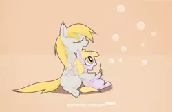 Size: 2600x1700 | Tagged: dead source, safe, artist:aurura, derpibooru import, derpy hooves, dinky hooves, pegasus, pony, unicorn, bubble, bubble blower, equestria's best mother, female, happy, mare, mother and child, mother and daughter, sitting