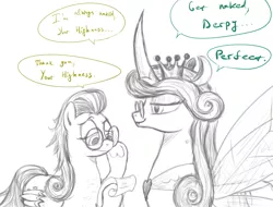 Size: 1111x845 | Tagged: safe, artist:plotcore, derpibooru import, derpy hooves, queen chrysalis, changeling, changeling queen, pegasus, pony, alternate universe, bright eyes (mirror universe), dialogue, duo, equestria-3, female, glasses, mare, monochrome, reversalis, scroll, simple background, we don't normally wear clothes, white background