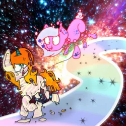 Size: 2000x2000 | Tagged: safe, artist:binkyt11, derpibooru import, oc, oc:bubble pops, oc:sweet ecstasy, unofficial characters only, earth pony, pony, unicorn, bubble, clusterfuck, i'm sorry, melting, space, trippy, wat