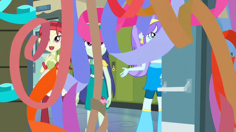 Size: 1904x1064 | Tagged: safe, derpibooru import, screencap, aqua blossom, blueberry cake, rose heart, equestria girls, equestria girls (movie), animation error, background human, time to come together