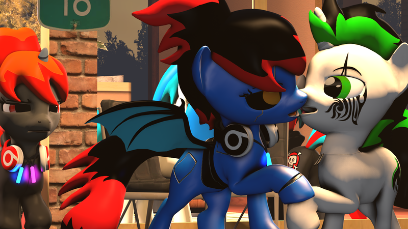 Size: 1920x1080 | Tagged: safe, artist:blackspoiler, derpibooru import, oc, oc:blackspoiler, oc:vex (blackspoiler), unofficial characters only, bat pony, pony, 3d, bat pony oc, bat wings, black sclera, headphones, kissing, source filmmaker, streets, wings