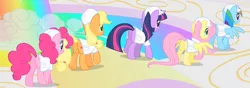 Size: 821x290 | Tagged: safe, derpibooru import, screencap, applejack, fluttershy, pinkie pie, rainbow dash, twilight sparkle, earth pony, pegasus, pony, unicorn, sonic rainboom (episode), butt, cropped, female, hard hat, liquid rainbow, mare, plot, unicorn twilight, weather factory uniform