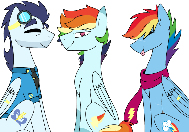 Size: 1024x718 | Tagged: safe, artist:rainbowsmarts, derpibooru import, rainbow dash, soarin', oc, pegasus, pony, alternate universe, backwards cutie mark, clothes, female, male, mare, offspring, parent:rainbow dash, parent:soarin', parents:soarindash, scarf, shipping, simple background, soarindash, stallion, straight, transparent background, uniform, wonderbolts dress uniform