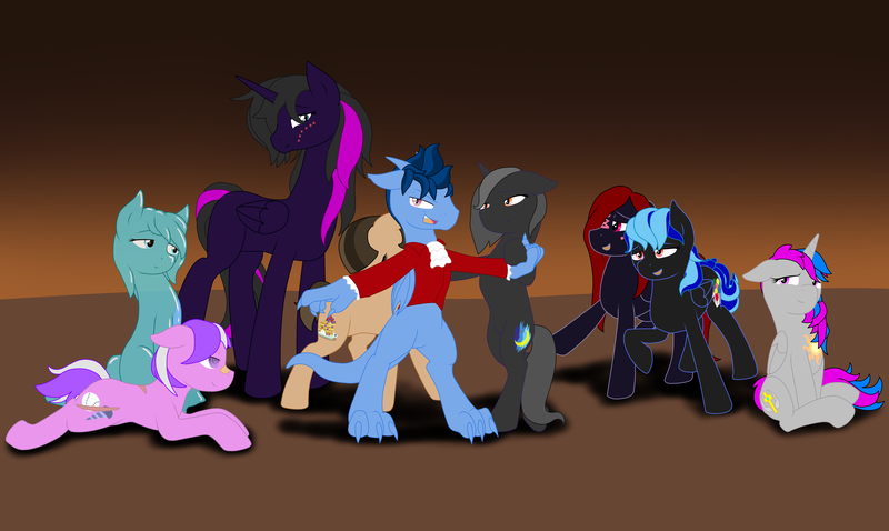 Size: 7529x4500 | Tagged: safe, artist:glacierfrostclaw, derpibooru import, screwball, oc, oc:celia, oc:glacier frostclaw, oc:lilith(glacierfrostclaw), oc:lollipop lee, oc:pancake, oc:sunburst, oc:vega, oc:zero gravity, pony, absurd resolution, hell to your doorstep