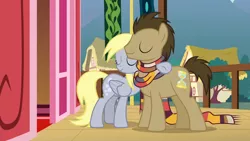 Size: 1920x1080 | Tagged: safe, derpibooru import, screencap, derpy hooves, doctor whooves, time turner, earth pony, pegasus, pony, slice of life (episode), clothes, eyes closed, female, fourth doctor's scarf, hug, male, mare, scarf, shipping fuel, stallion, tom baker's scarf