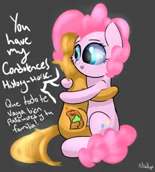 Size: 1800x2000 | Tagged: safe, artist:a8f12, derpibooru import, pinkie pie, oc, pony, cancer (disease), hope, hug, simple background, spanish