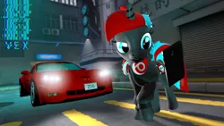 Size: 1920x1080 | Tagged: safe, artist:blackspoiler, derpibooru import, oc, oc:vex (blackspoiler), unofficial characters only, pony, unicorn, 3d, car, chevrolet corvette, headphones, phone, source filmmaker, streets