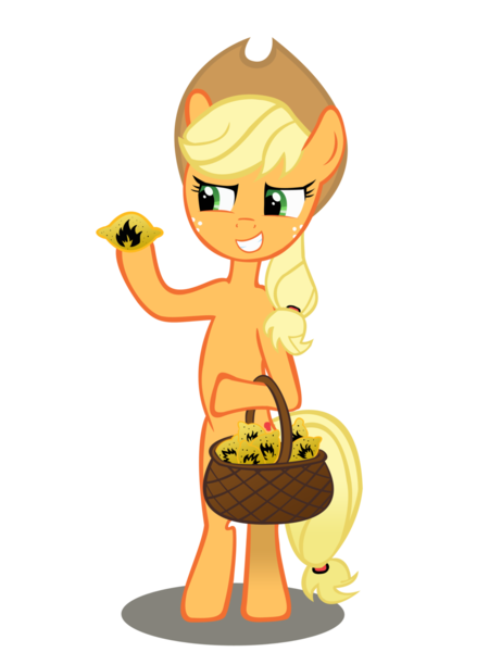 Size: 1024x1365 | Tagged: safe, artist:sonicrainpwn, derpibooru import, applejack, pony, bipedal, combustible lemon, crossover, food, lemon, portal (valve), portal 2