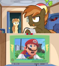 Size: 764x848 | Tagged: safe, derpibooru import, button mash, oc, oc:cream heart, pony, button's adventures, button mash plays, exploitable meme, mario, meme, nintendo, nintendo switch, obligatory pony, super mario odyssey, tv meme