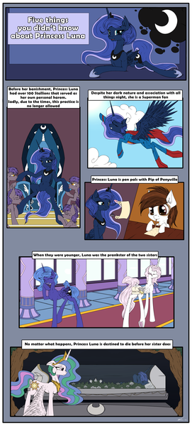 Size: 3037x6732 | Tagged: suggestive, artist:neko-me, derpibooru import, pipsqueak, princess celestia, princess luna, bat pony, pony, series:five things you didn't know, absurd resolution, abuse, casket, comic, dead, death, dock, female, funeral, harem, licking, lunapip, male, mood whiplash, paper, pink-mane celestia, prone, quill, s1 luna, shipping, sign, smiling, stallion, straight, superman, tongue out, younger
