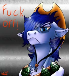 Size: 1100x1200 | Tagged: artist:brainiac, :c, >:c, chest fluff, derpibooru import, desperado hat, fallout equestria, fallout equestria: project horizons, fanfic art, floppy ears, frown, fuck off, grenades, metal background, oc, oc:p-21, semi-grimdark, solo, text, unofficial characters only