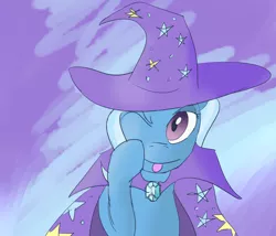 Size: 2100x1800 | Tagged: safe, artist:ononim, derpibooru import, trixie, pony, unicorn, cape, clothes, cute, female, hat, looking at you, mare, one eye closed, solo, tongue out, trixie's cape, trixie's hat, wink