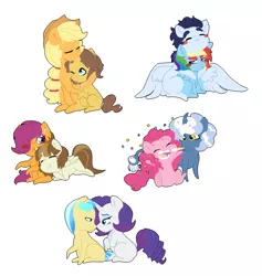 Size: 3507x3700 | Tagged: safe, artist:marukouhai, derpibooru import, applejack, caramel, featherweight, ivory, ivory rook, pinkie pie, pokey pierce, rainbow dash, rarity, scootaloo, soarin', pony, carajack, chibi, confetti, curved horn, engrish, engrish in the description, female, high res, horn, ivority, male, pokeypie, prone, scootaweight, shipping, simple background, sitting, soarindash, straight, white background