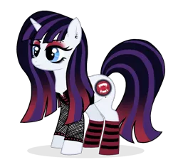 Size: 1052x989 | Tagged: safe, artist:unoriginai, derpibooru import, oc, oc:ebony dark'ness dementia raven way, ponified, unofficial characters only, pony, unicorn, clothes, cute, ear piercing, earring, edgy, female, fishnets, goff, goffik, goth, jewelry, magical lesbian spawn, makeup, mare, my immortal, offspring, parent:cayenne, parent:moonlight raven, parents:mooncayenne, parody, piercing, simple background, socks, solo, striped socks, transparent background, why
