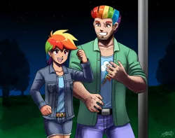 Size: 2000x1572 | Tagged: artist:johnjoseco, ask gaming princess luna, bow hothoof, derpibooru import, father and child, father and daughter, father's day, female, human, humanized, male, rainbow dash, safe, yaoi hands