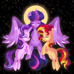 Size: 2388x2380 | Tagged: safe, artist:drawntildawn, derpibooru import, starlight glimmer, sunset shimmer, twilight sparkle, twilight sparkle (alicorn), alicorn, pony, unicorn, counterparts, eyes closed, twilight's counterparts, watermark