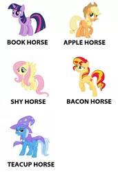 Size: 658x962 | Tagged: safe, derpibooru import, applejack, fluttershy, sunset shimmer, trixie, twilight sparkle, earth pony, horse, pegasus, pony, unicorn, apple, applejack's hat, bacon hair, book, bookhorse, cape, clothes, cowboy hat, flying, food, hat, nickname, raised hoof, smiling, spread wings, teacup, that pony sure does love apples, that pony sure does love books, that pony sure does love teacups, trixie's cape, trixie's hat, unicorn twilight, wings