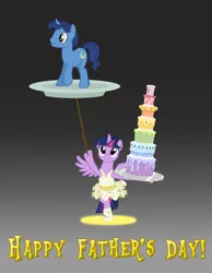 Size: 906x1167 | Tagged: safe, artist:trini-mite, derpibooru import, night light, twilight sparkle, twilight sparkle (alicorn), alicorn, pony, balancing, ballerina, cake, clothes, father's day, food, tutu, twilarina