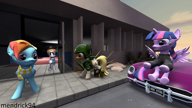 Size: 3840x2160 | Tagged: safe, artist:mendrick94, derpibooru import, copper top, rainbow dash, twilight sparkle, twilight sparkle (alicorn), alicorn, pony, 3d, car, police, source filmmaker