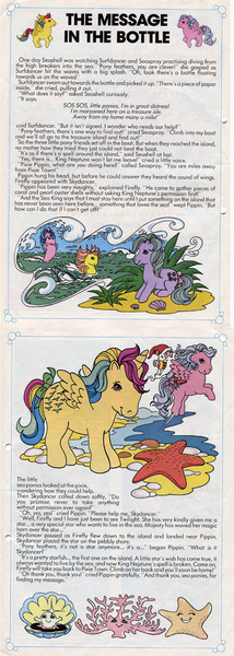 Size: 537x1509 | Tagged: safe, derpibooru import, official, firefly, majesty, seashell (g1), seaspray (g1), skydancer, twilight sparkle, alicorn, pixie, pony, starfish, comic:my little pony (g1), artist error, boat, g1, horn, island, king neptune, marooned, message in a bottle, ocean, pippin, playing, rescue, sos, spot the alicorn, story, surfdancer, the message in the bottle, twirled her magic horn, wave