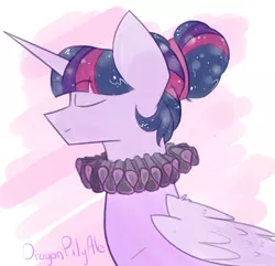 Size: 1430x1380 | Tagged: safe, artist:dragonpilyale, derpibooru import, twilight sparkle, twilight sparkle (alicorn), alicorn, pony, collar, elizabethan, eyes closed, female, hair bun, mare, ruff (clothing), smiling, solo