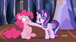 Size: 600x337 | Tagged: safe, derpibooru import, screencap, pinkie pie, starlight glimmer, pony, unicorn, every little thing she does, animated, aweeg*, duo, gif, hoof in mouth, oraoraoraoraoraoraoraoraora, puffy cheeks, twilight's castle