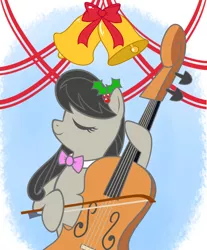 Size: 1280x1547 | Tagged: safe, artist:yasikins, derpibooru import, octavia melody, earth pony, pony, bells, bow (instrument), cello, eyes closed, female, holly, mare, musical instrument, solo